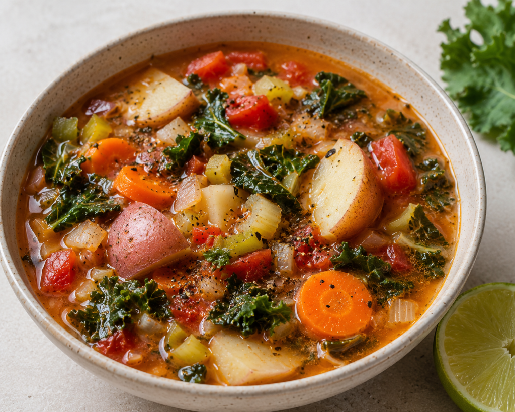 A bowl of vegan vegetable soup with red potatoes, carrots, kale, and tomatoes in a light broth, served with a lime wedge