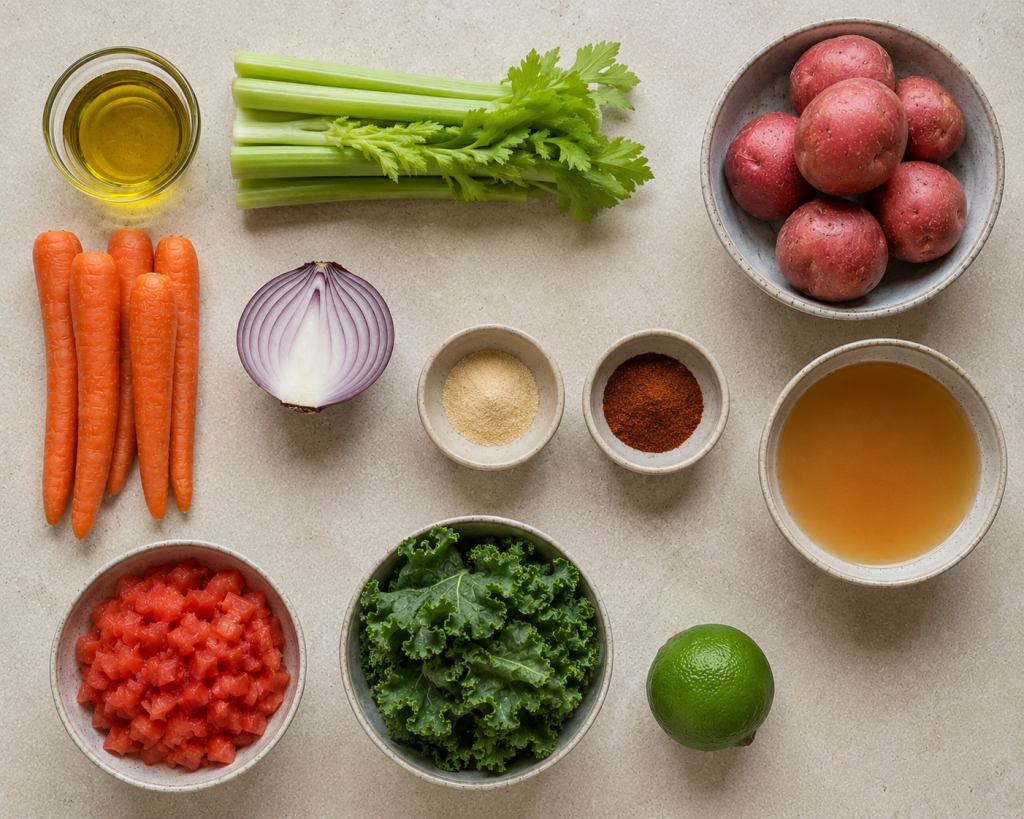 Fresh ingredients for vegan vegetable soup laid out on a counter: olive oil, celery, carrots, red onion, garlic powder, chili powder, red potatoes, vegetable broth, diced tomatoes, kale, and lime