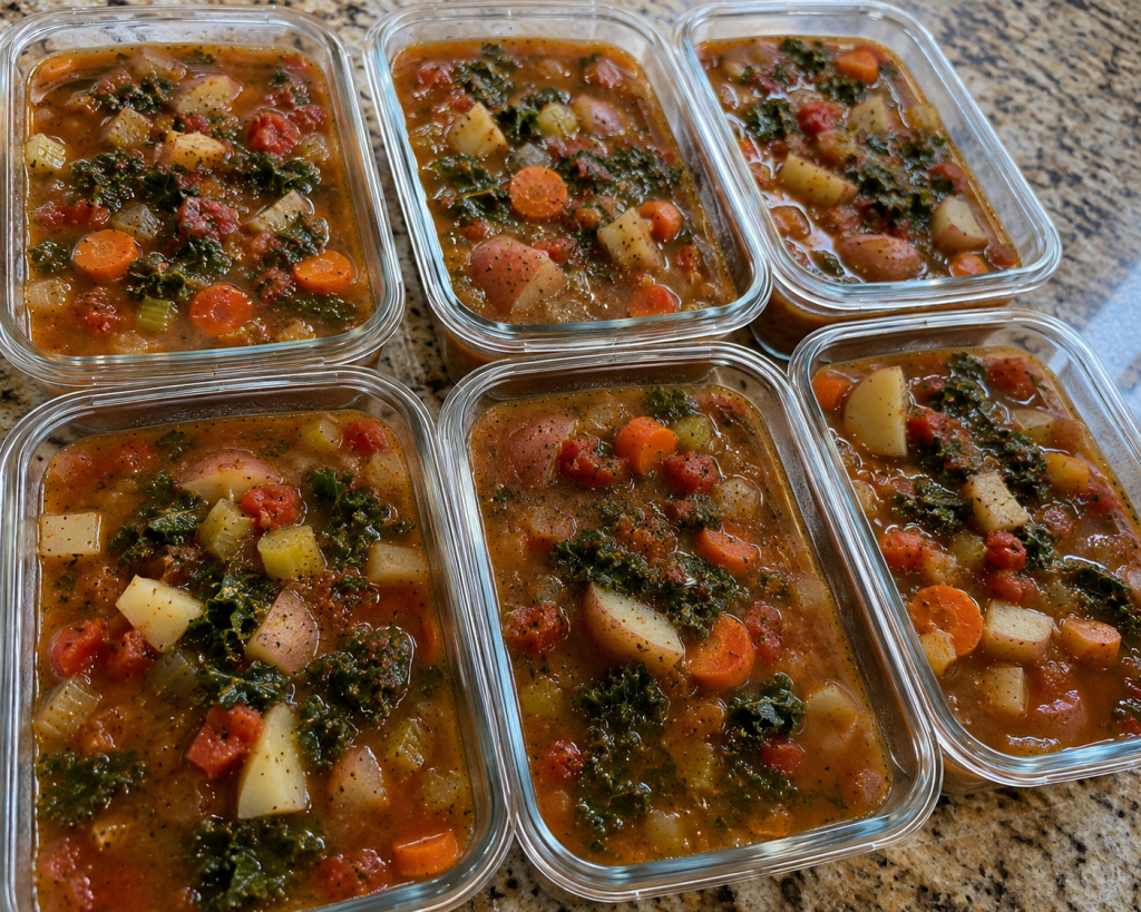 Six glass meal-prep containers filled with vegan vegetable soup, ready for the fridge or freezer