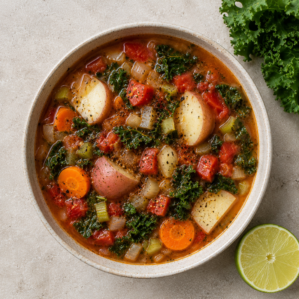 Overhead view of vegan vegetable soup with red potatoes, carrots, kale, and tomatoes in a light broth